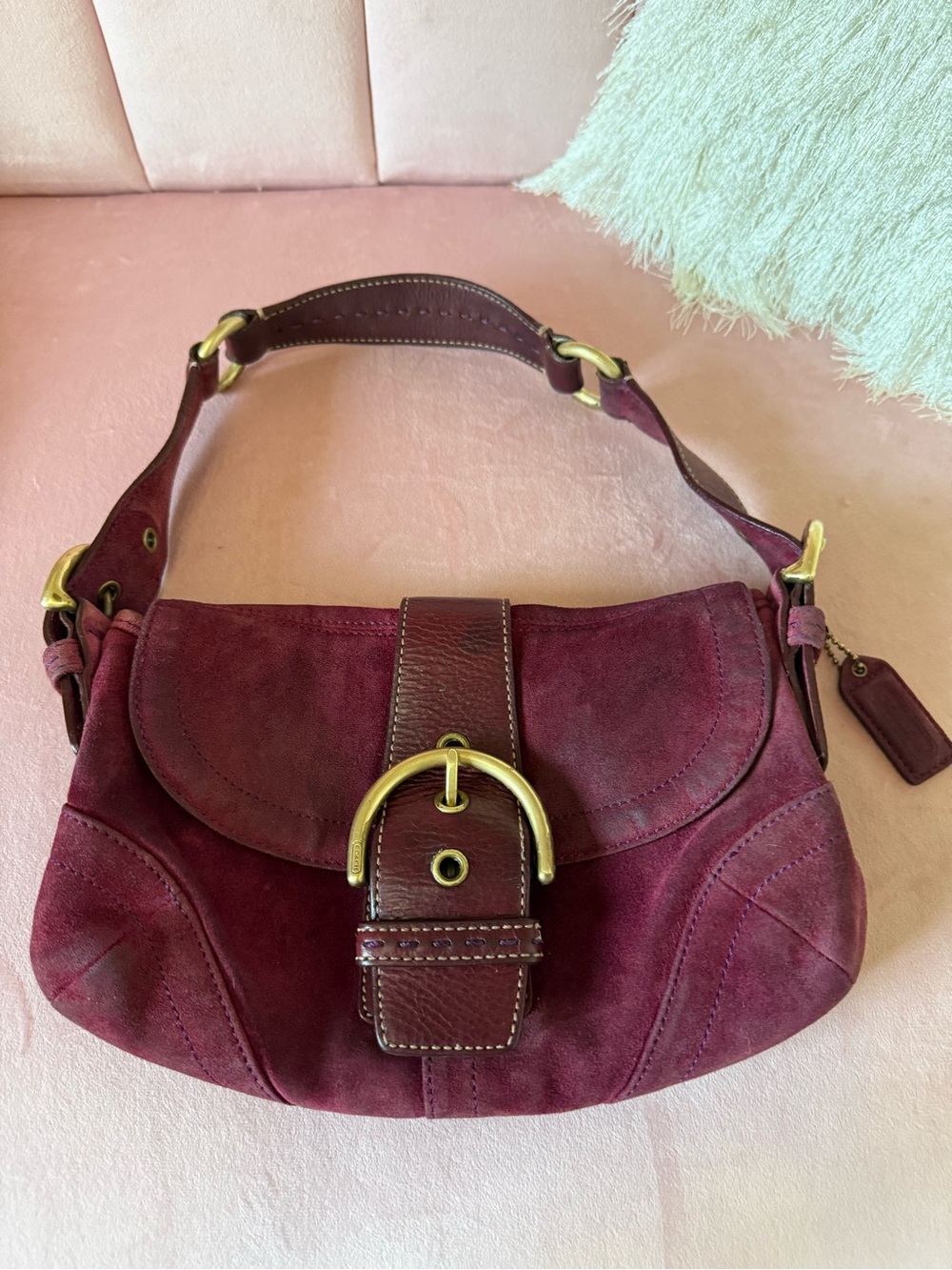Y2K Rare Vintage COACH Suede SOHO Shoulder Bag in Magenta Plum w/ Gold Hardware